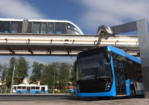 A blue electric bus